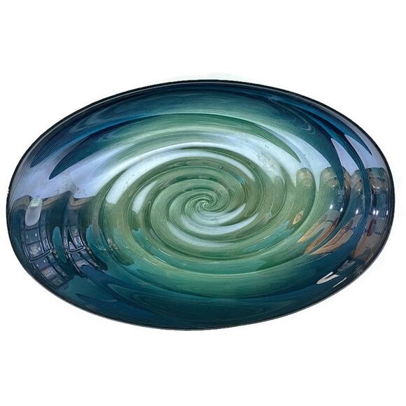 Blue Green Handblown Serving Bowl Glass Art Oval Shaped 13x8.5x3 - Picture 2 of 10